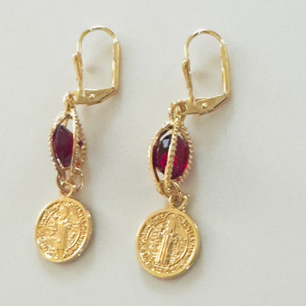 14K Gold Plated red stone Saint Benedict earrings. New
